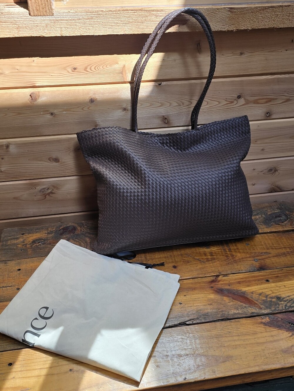 NWOT Chocolate Brown XL GenuineLeather Woven Tote With Magnetic Closure